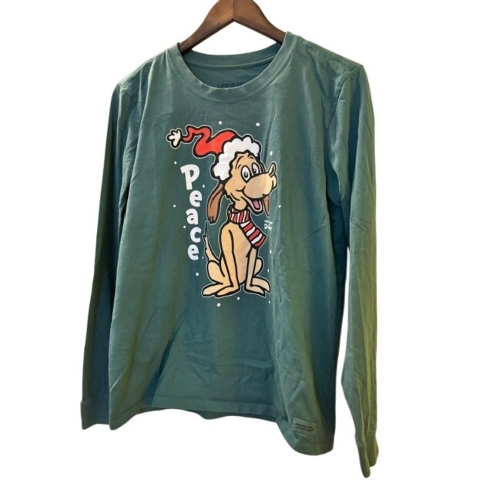 Life is Good Dr Seuss Max Peace Christmas Long Sleeve Crusher Tee Green Womens L